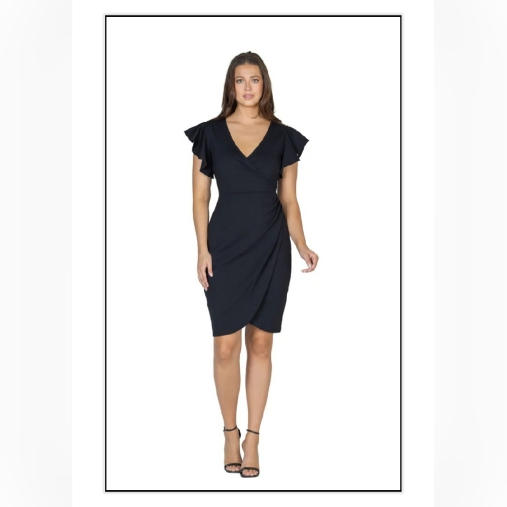 24Seven Comfort Apparel Vneck Ruffle Sleeve Black Knee Length Dress Sz XL